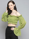 Women Green Off Shoulder Ruched Crop Top