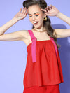 Women Red Contrast Straps Gathered Top
