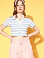 Women Blue & White Striped Crop Polo T-Shirt
