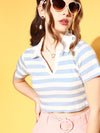 Women Blue & White Striped Crop Polo T-Shirt