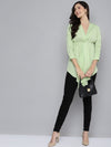 Women Green Pin Dots Twisted High Low Top