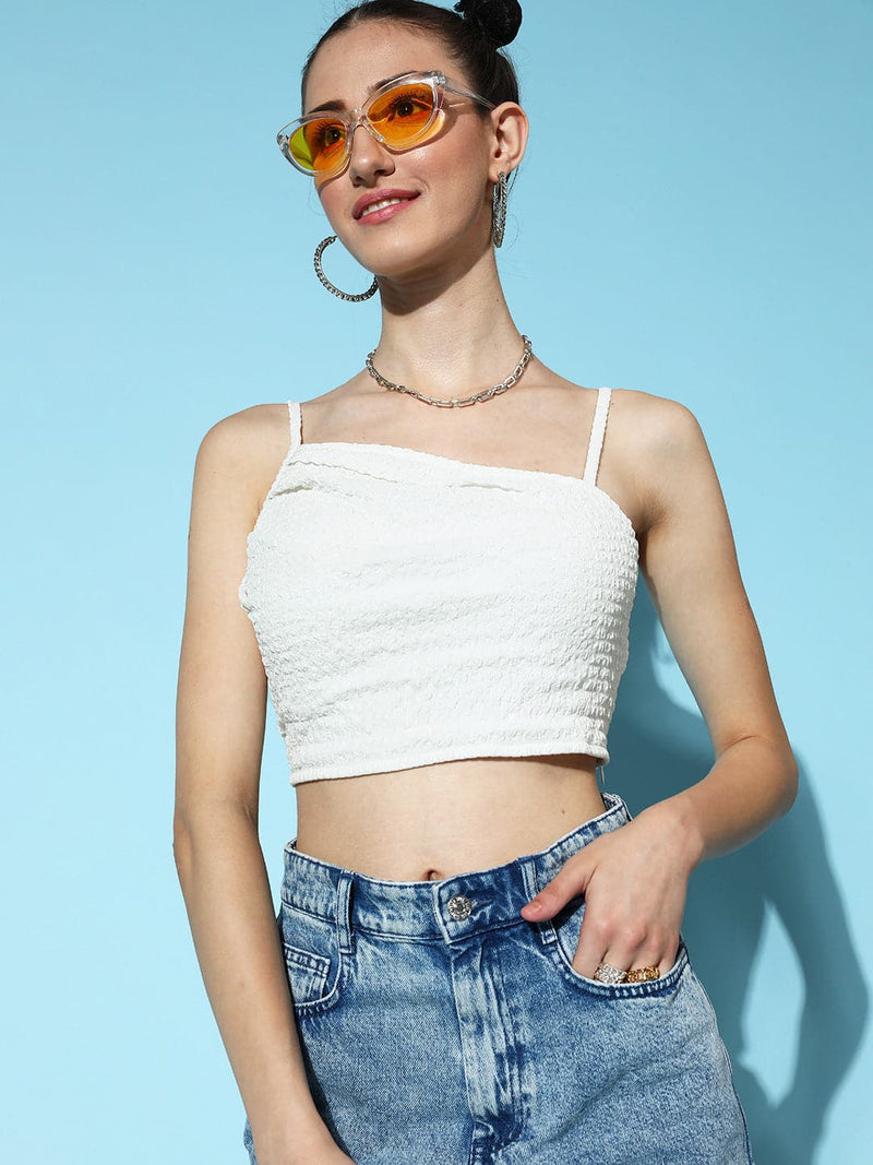 Women White Strappy Pleated Crop Top