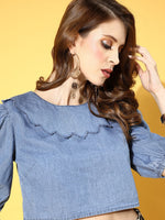 Women Blue Broad Collar Crop Tencel Top