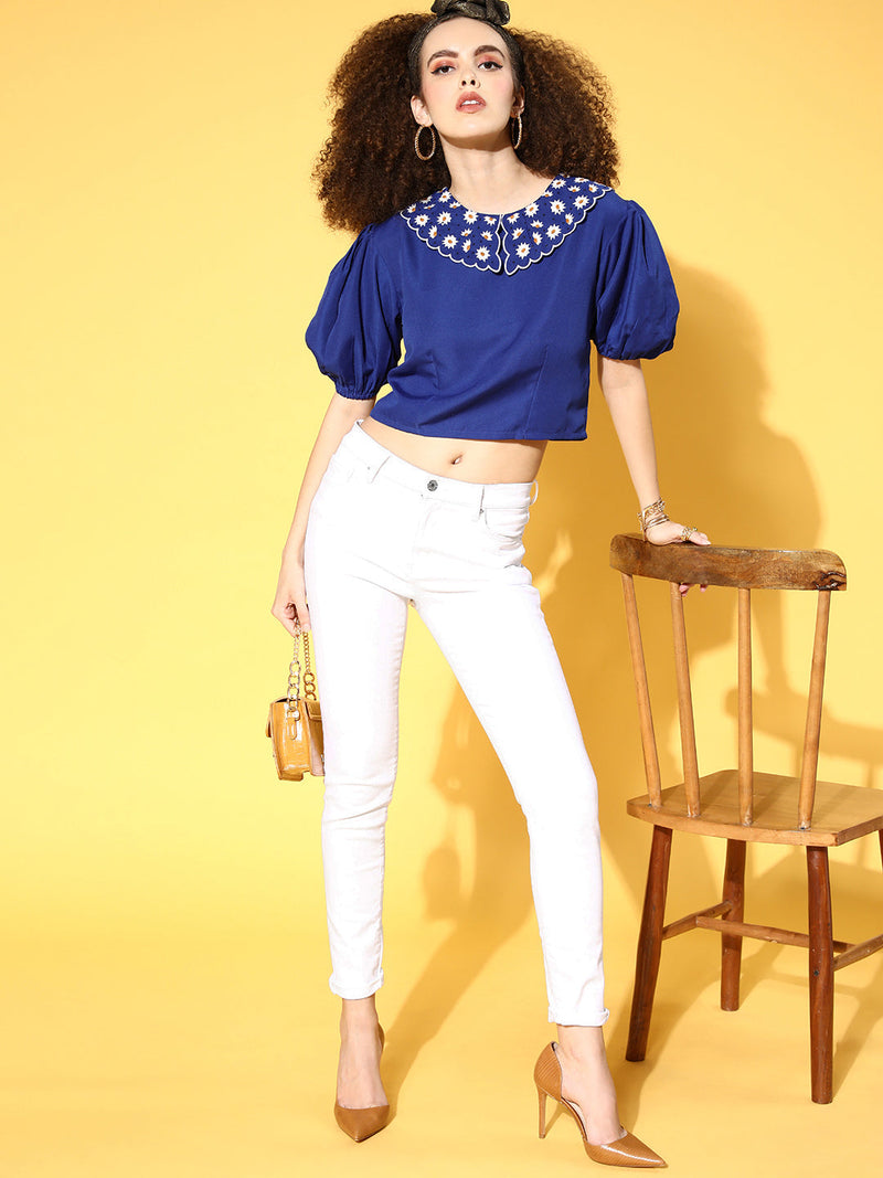 Women Royal Blue Embroidered Broad Collar Top