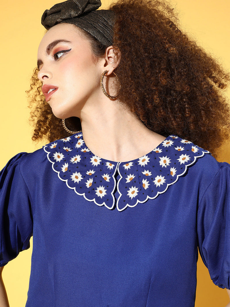 Women Royal Blue Embroidered Broad Collar Top