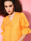 Women Orange Embroidered Front Open Broad Collar Top