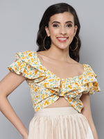 Women Off White Floral Ruffled Crop Top