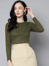 Women Olive Rib Back Cut Out Crop Top