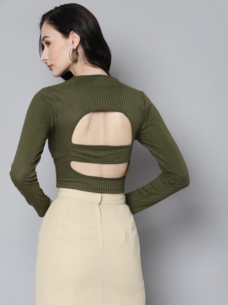 Women Olive Rib Back Cut Out Crop Top