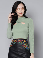 Women Olive Rib Front Cut Out Neck Crop Top