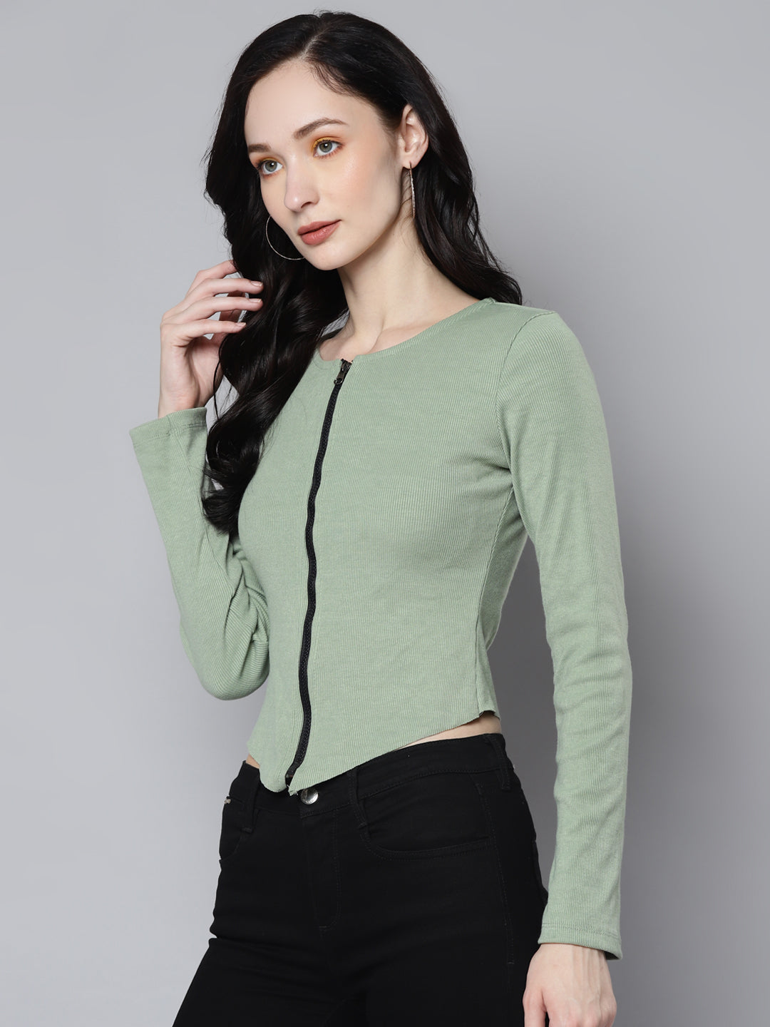 Wholesale Women Olive Rib Long Sleeve Front Zip Top – Tradyl