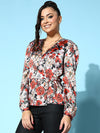 Women Red Satin Floral Wrap Neck Top