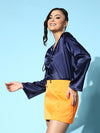 Women Navy Lycra Satin Ruched Bell Sleeves Top