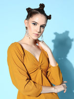 Women Mustard Canton Front Twisted Knot Top