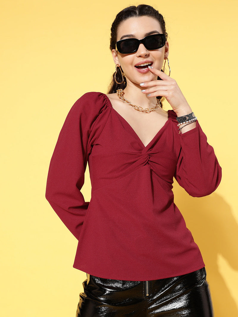 Women Red Canton Front Twisted Knot Top