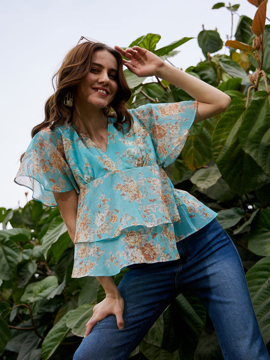 Women Turquoise Floral Frill Hem Top