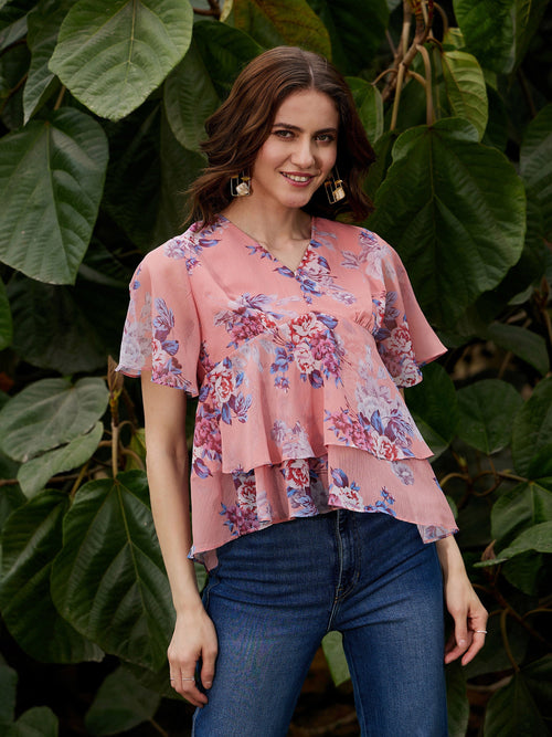 Women Peach Floral Frill Hem Top