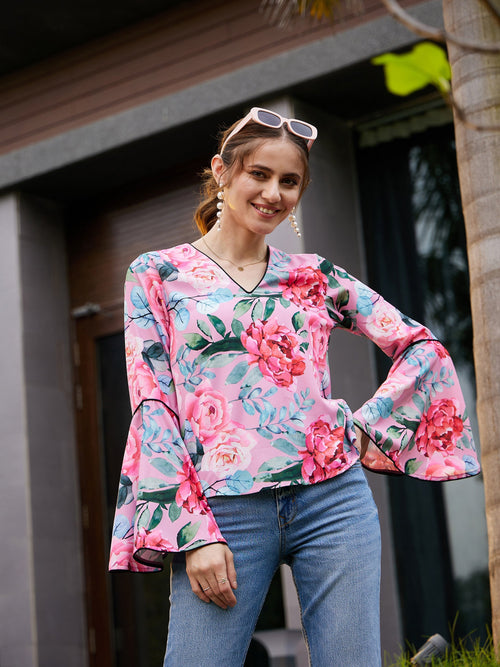 Women Rose Floral Bell Sleeves Regular Top