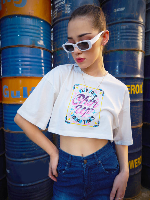 Women White CHIN UP Print Crop T Shirt