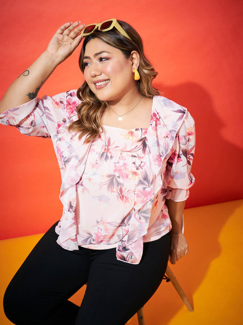 Women Pink Floral Frill Top