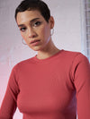 Women Rose Pink Back Cut Out Full Sleeves Rib Top