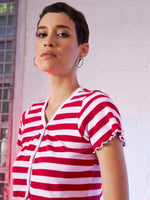 Women Red & Pink Stripes V-Neck Rib Crop Top