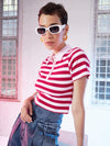 Women Red & Pink Stripes Crop Polo T-Shirt
