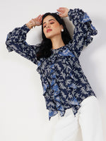 Women Navy Floral All Over Ruffle Top