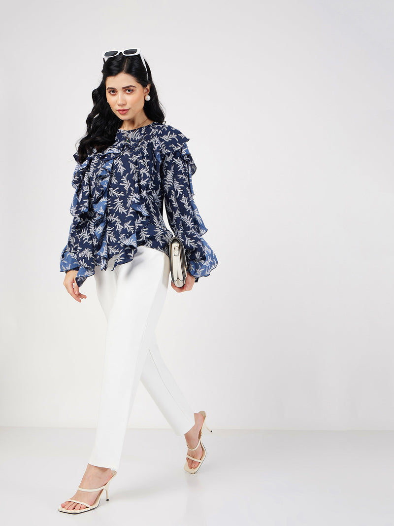 Women Navy Floral All Over Ruffle Top