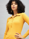 Women Yellow Rib Polo Neck Full Sleeves Top