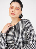 Women Black Geo Jacquard Tweed Full Sleeves Top