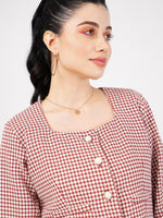 Women Red Houndstooth Tweed Square Neck Top