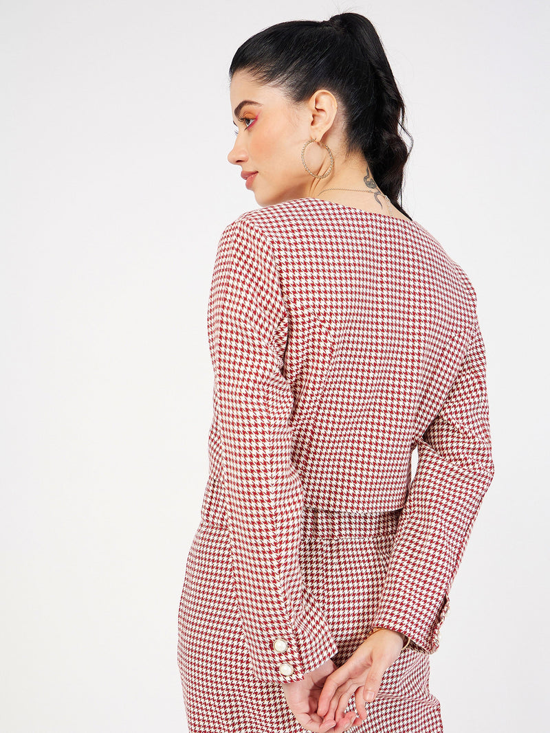 Women Red Houndstooth Tweed Square Neck Top