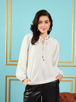 Women White Puff Sleeves Embellished Top