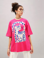 Women Barbie Pink Cat Print Oversized T-Shirt