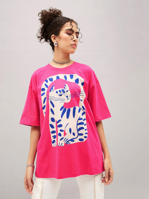 Women Barbie Pink Cat Print Oversized T-Shirt