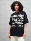 Women Black Retro Photographic Print Oversized T-Shirt