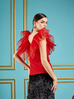 Women Red Frill Neck Top