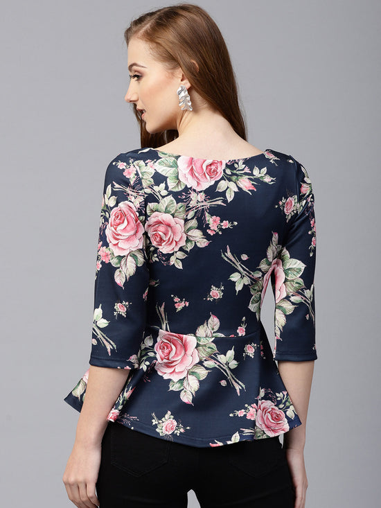 Blue Floral Scuba Peplum Top