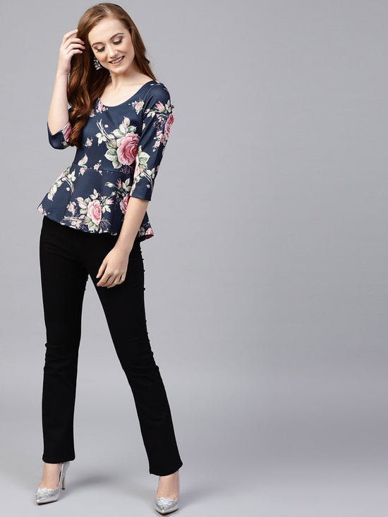 Blue Floral Scuba Peplum Top