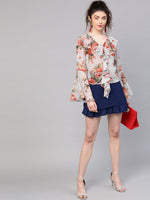 Grey Floral Ruffled V-Neck Blouse