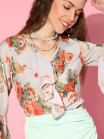 Grey Floral Ruffled V-Neck Blouse