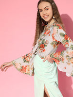 Women Grey Floral Ruffled V-Neck Blouse Top