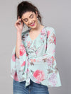 Aqua Floral Ruffled V-Neck Blouse