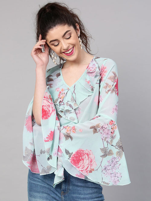 Aqua Floral Ruffled V-Neck Blouse