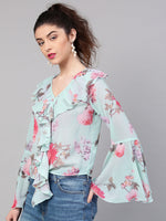 Aqua Floral Ruffled V-Neck Blouse