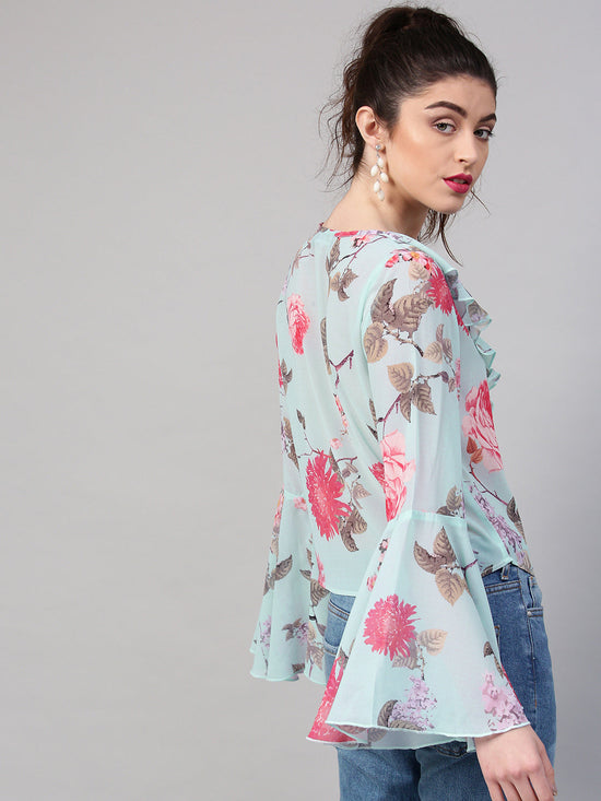 Aqua Floral Ruffled V-Neck Blouse