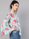 Aqua Floral Ruffled V-Neck Blouse