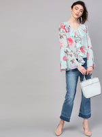 Aqua Floral Ruffled V-Neck Blouse