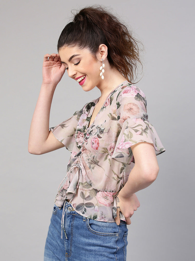 Pista Green Floral Ruched Front Crop Top